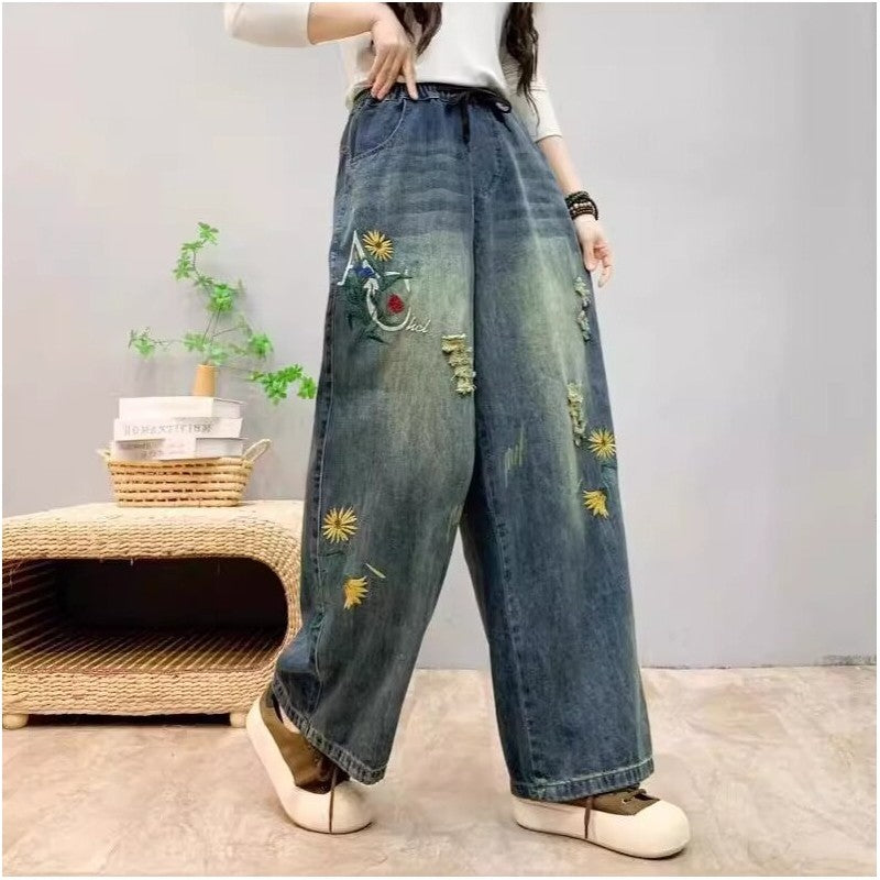 High-Waisted Embroidered Floral Distressed Denim Jeans