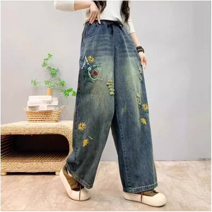 High-Waisted Embroidered Floral Distressed Denim Jeans