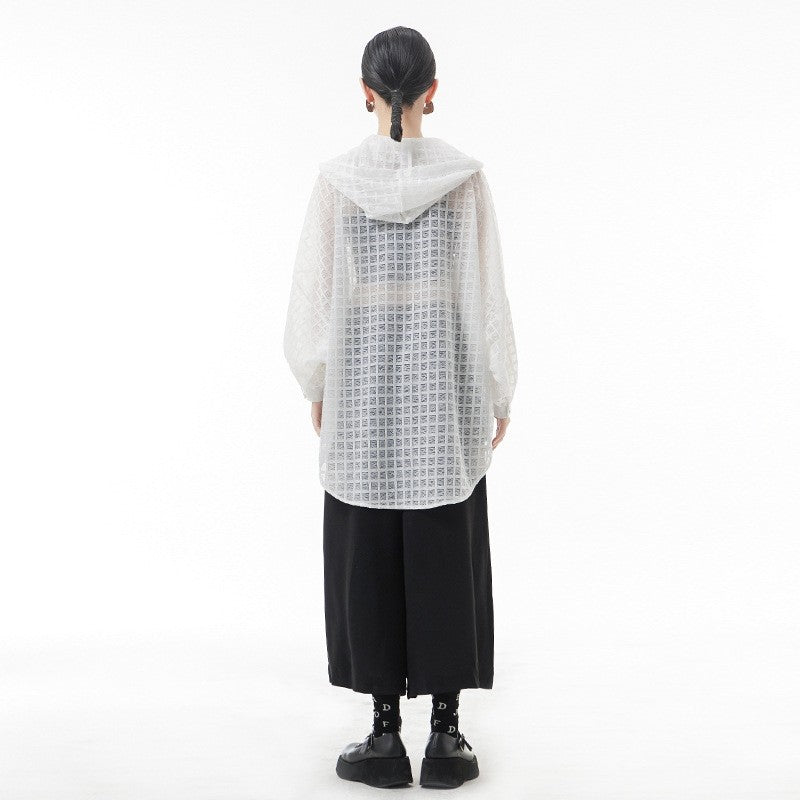 Solid Color Batwing Sleeve Single Breasted See-Through Casual Loose Blouse