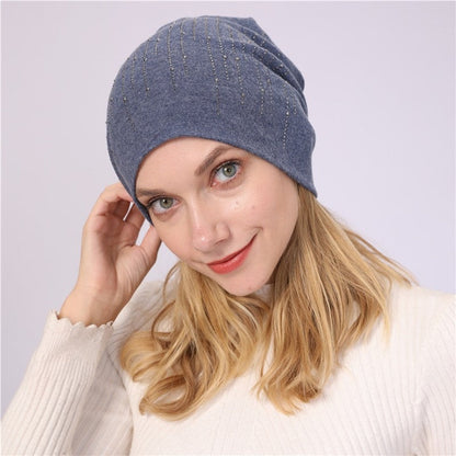 Solid Color Rhinestone Double Layer Beanie