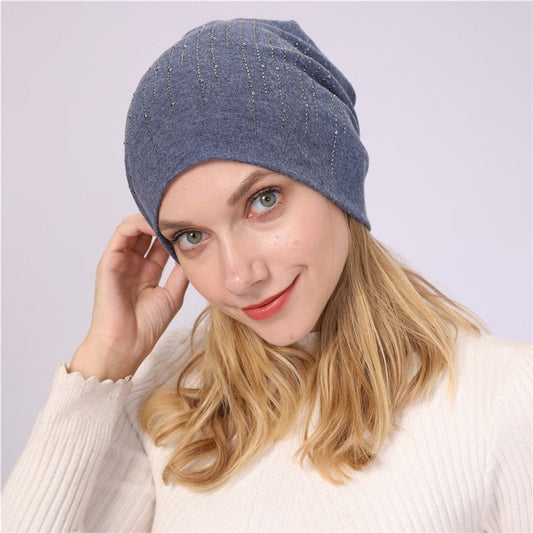 Solid Color Rhinestone Double Layer Beanie