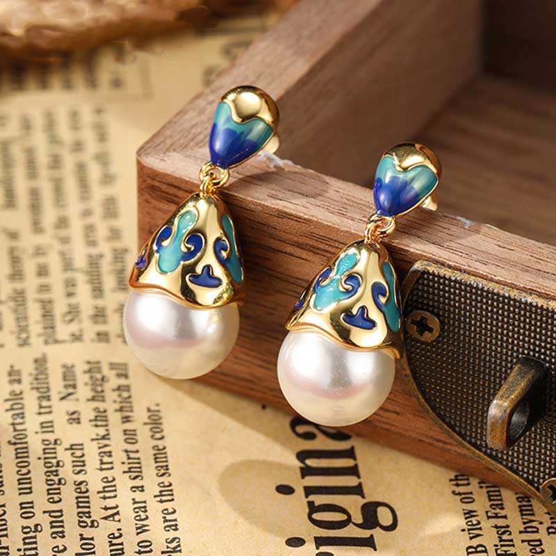 Vintage Flower Enamel Heart Drop Earrings