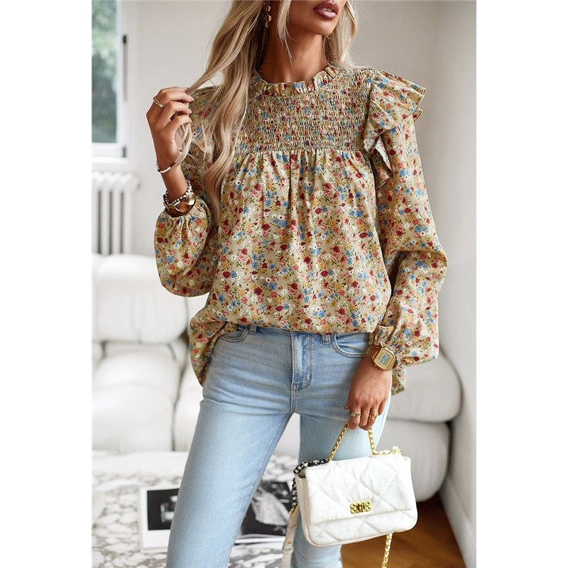 Crewneck Long Sleeves Floral Printed Casual Loose Blouse