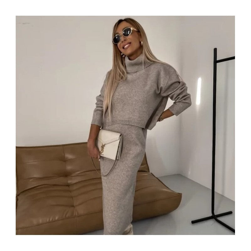 Solid Color High Neck Knit Sweater Wrap Skirt Set