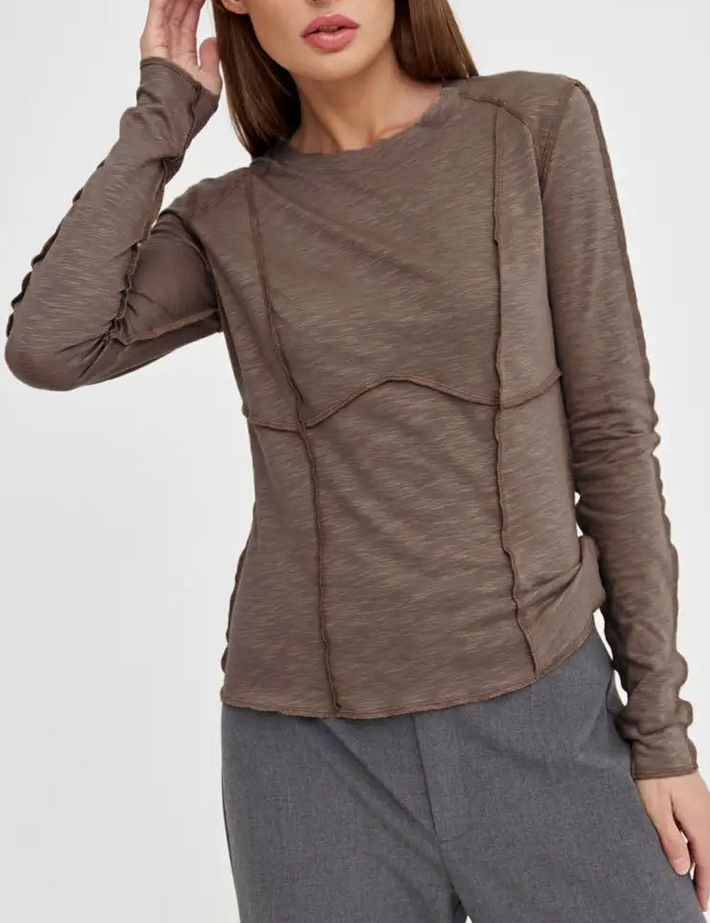 Elegant Splice Round Neck Long Sleeve Top