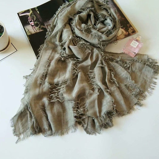Solid Tassels Hole Cotton Blend Scarf