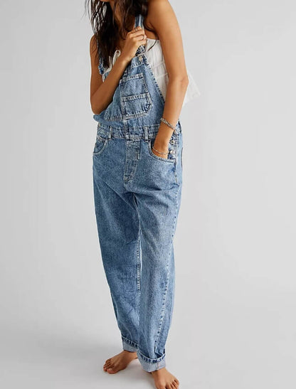 Casual Washed Strap Denim Jumpsuit