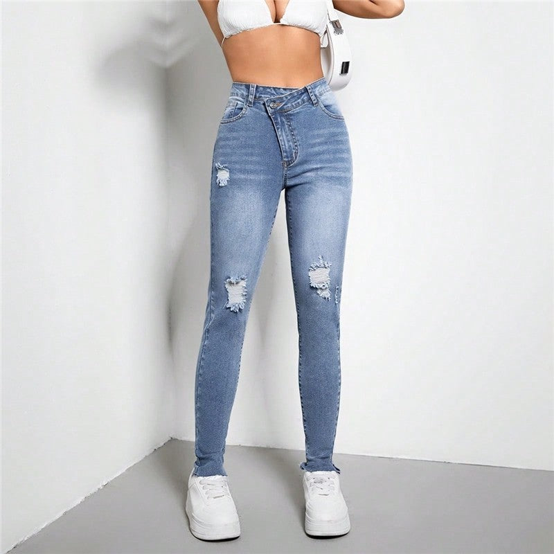 Stretch Ripped Diagonal Zippered High-Waist Slim Fit Skinny Jeans