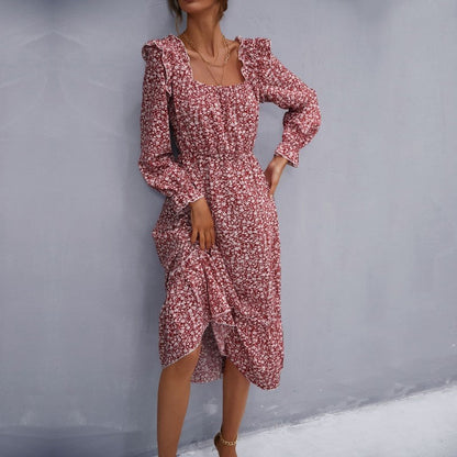 Petal Sleeve Floral Waist Square Neck Dress