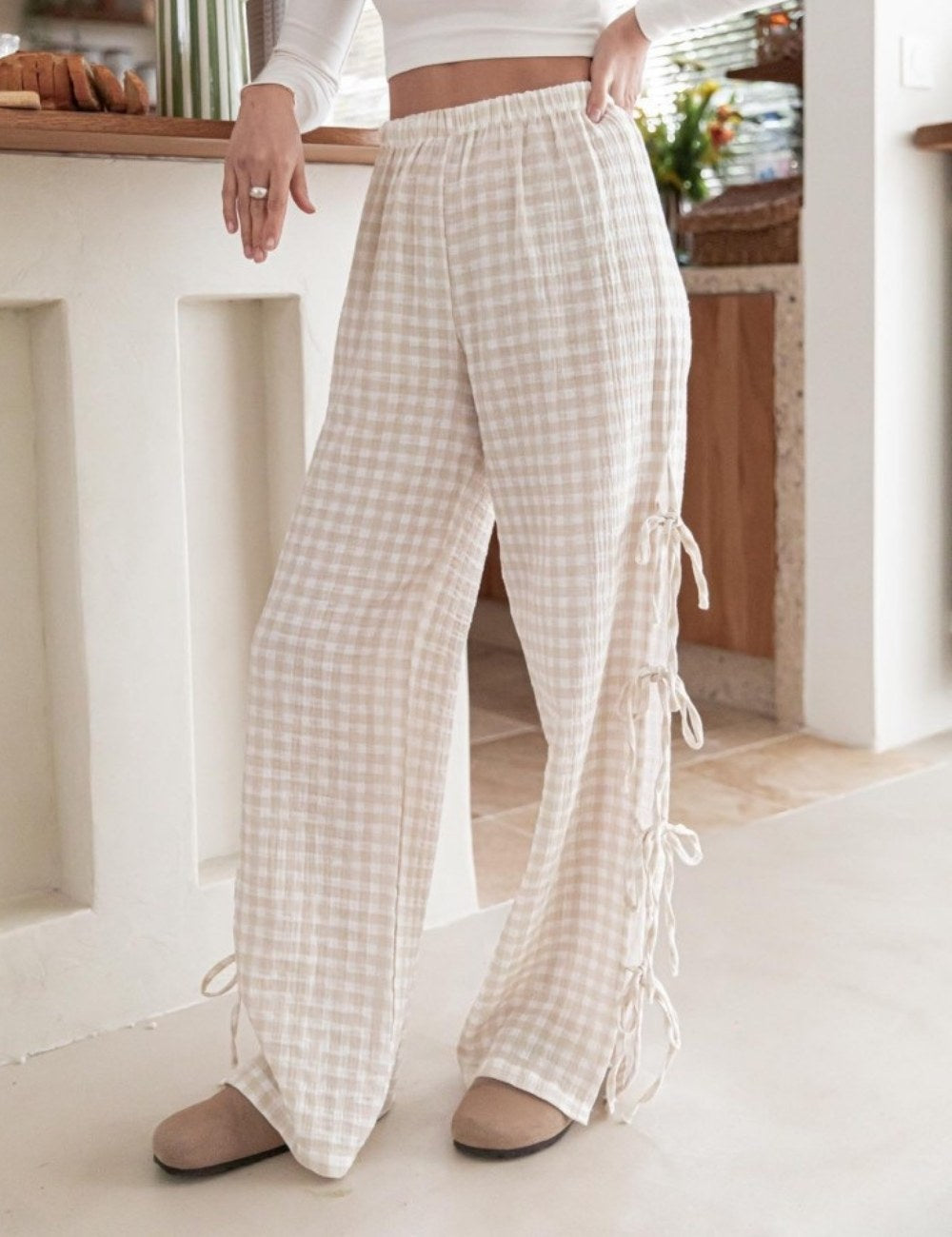 Bow Side Split Plaid Casual Pants