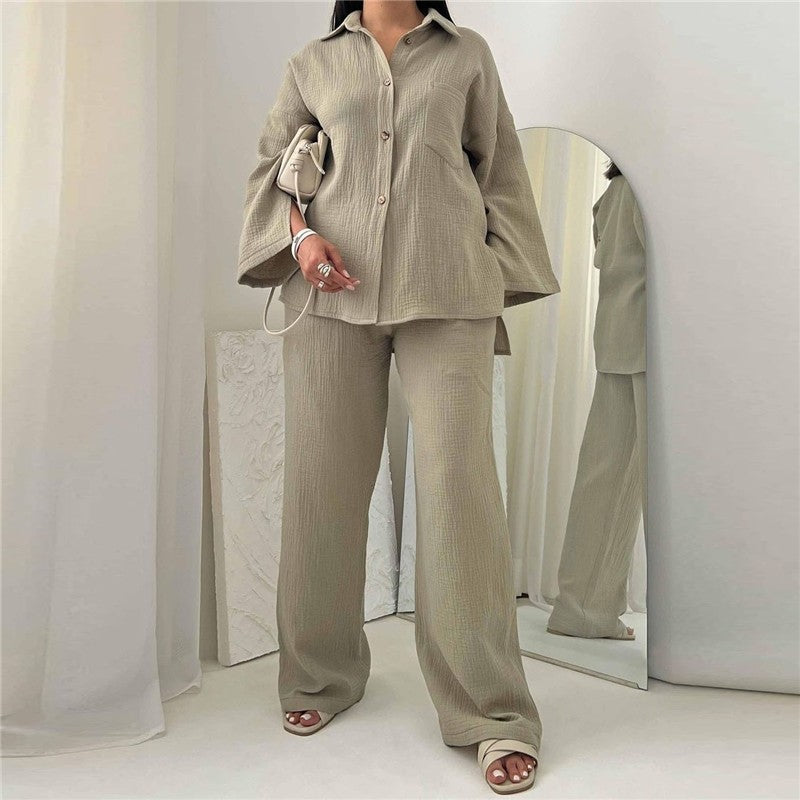 Solid Color Long Sleeve Lapel Blouse And Wide Leg Pants Two Pieces Suit