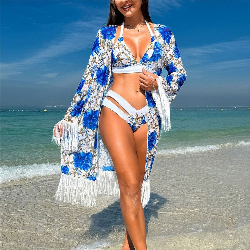 Three Piece Poncho Fringe Bikini Swimsuit