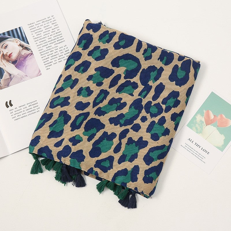 Fashion Colorblock Fringe Leopard Print Cotton Linen Scarf