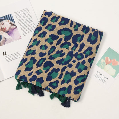 Fashion Colorblock Fringe Leopard Print Cotton Linen Scarf