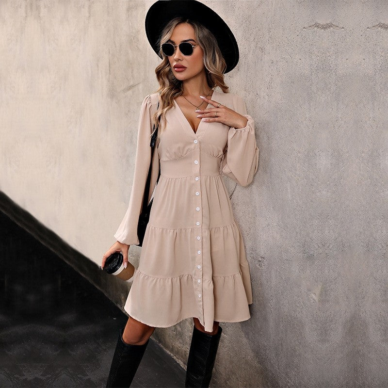 Long-Sleeved Solid Color V-Neck High-Waisted Single-Breasted Dress