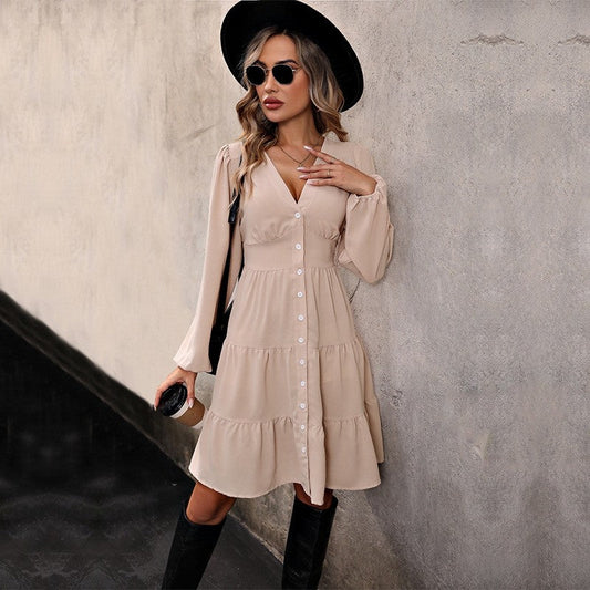 Long-Sleeved Solid Color V-Neck High-Waisted Single-Breasted Dress