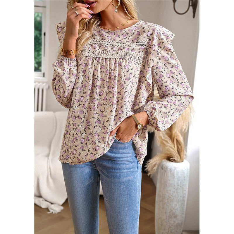 Round Neck Long Sleeve Floral Shirt