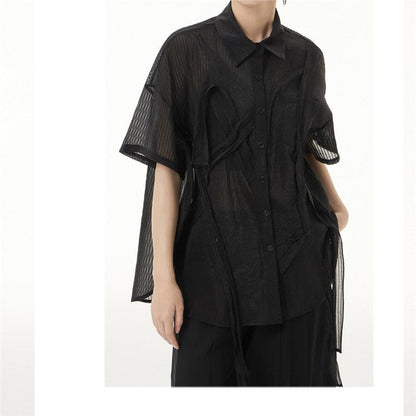 Solid Color Short Sleeve Shirt Collar See-Through Thin Casual Loose Blouse