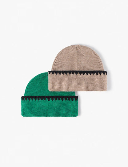 Minimalist Textured Cuffed Contrast Trim Knit Beanie