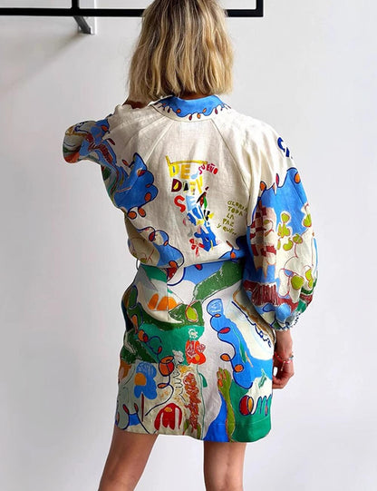 Lantern Sleeves Print Shirt String MIni Dress