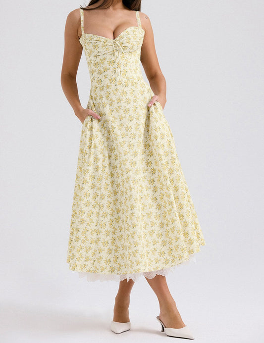 Slim Flower Print Lace Spaghetti Dress