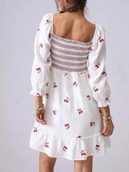 Cherry Smocking Square Collar Midi Dress