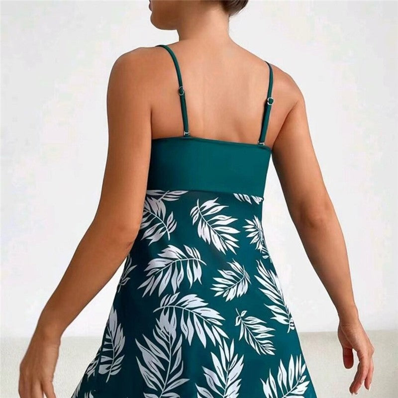 Split Skirt Conservative Mesh Sheer Flesh Printed Swimsuit