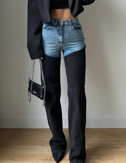 Color Block Splicing Straight Jeans