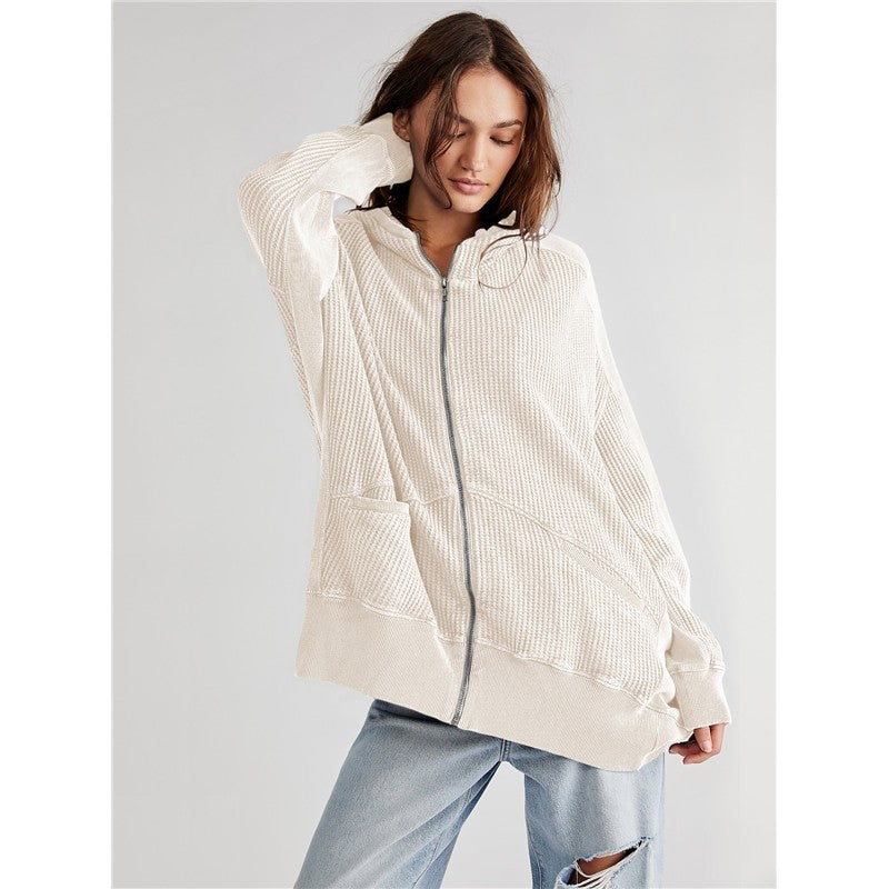 Women's Solid Zip Waffle Design Hoodie Sweatshirt