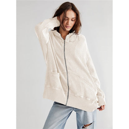 Women's Solid Zip Waffle Design Hoodie Sweatshirt