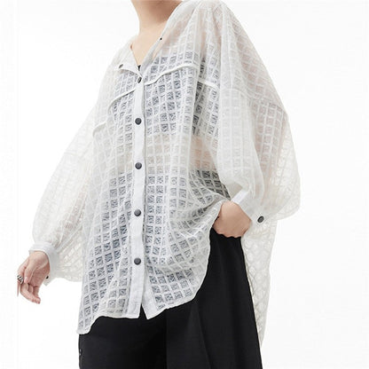 Solid Color Batwing Sleeve Single Breasted See-Through Casual Loose Blouse
