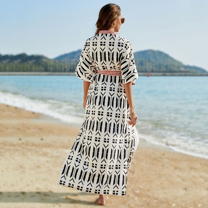 Half-Sleeve Deep-V Print Split-Front Cover-Up