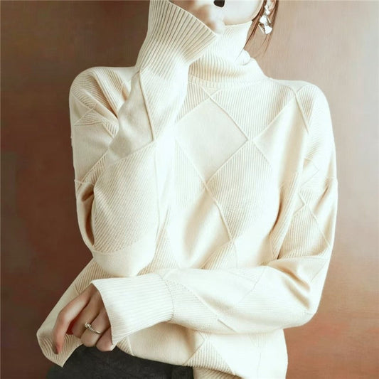 Fashion High Neck Diamond Texture Solid Color Pullover