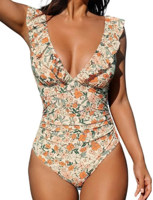 Floral Print Flounce Back String Tie Swimwear