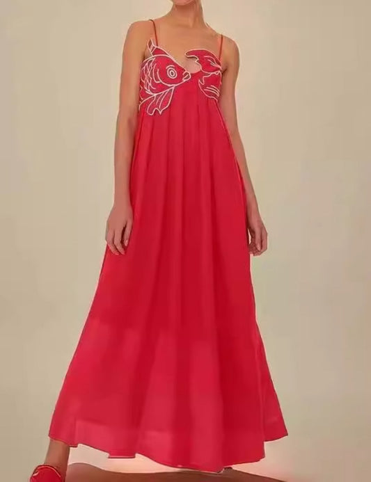 Embroidered Pleated Spaghetti Maxi Dress