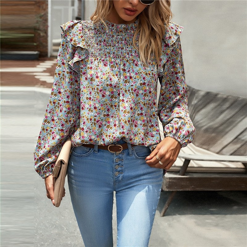 Crewneck Long Sleeves Floral Printed Casual Loose Blouse