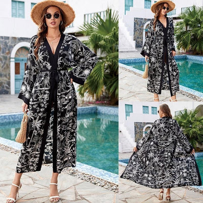 Contrast Color Printing Long Sleeve Belted Casual Loose Long Beach Cardigan Bikini Cover-Up