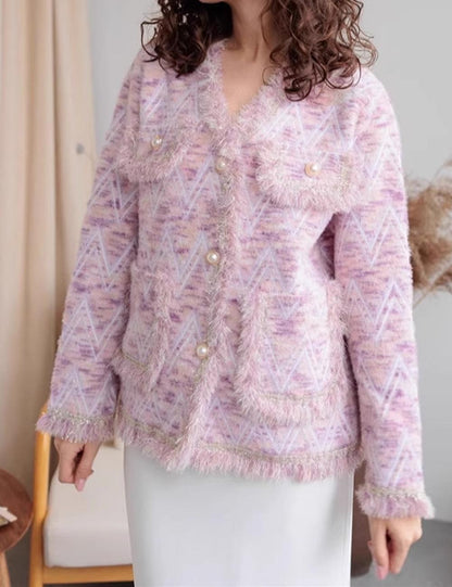 Elegant V-Neck Striped Long Sleeve Cardigan