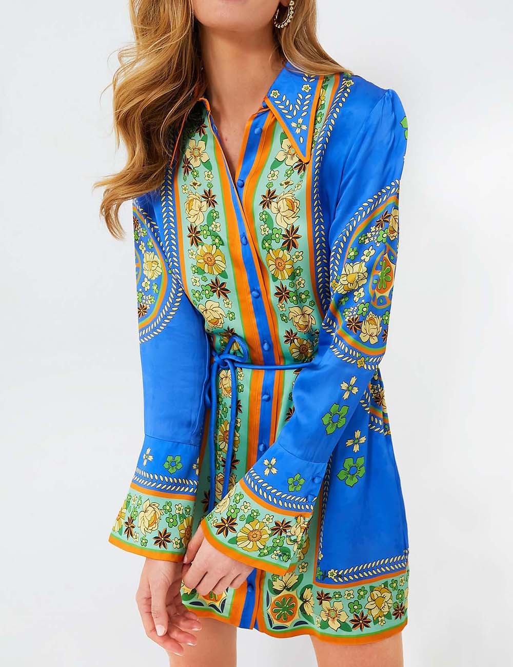 Lapel Floral Buttons Belt MIni Dresses