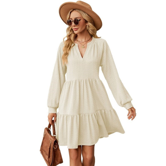 Solid Patchwork Loose Pleated V-Neck Long-Sleeved Dress