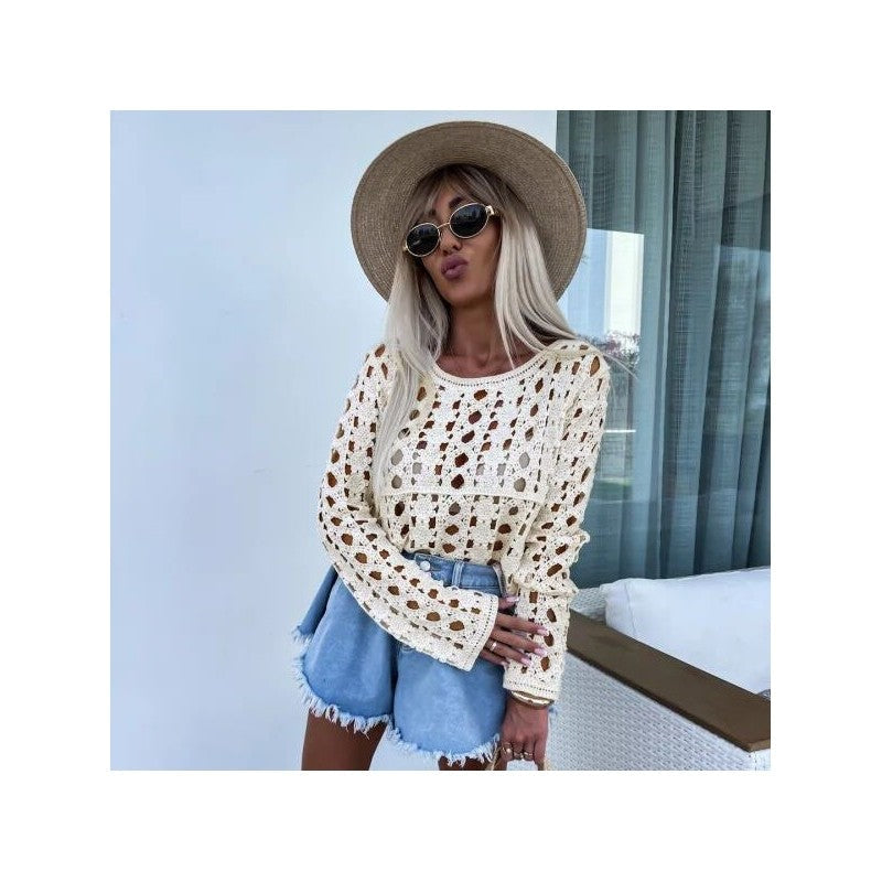 Solid Color Knit Long Sleeve Skeleton Top