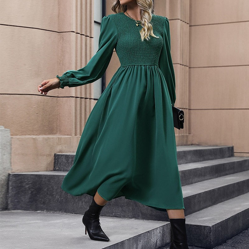 Solid Color Lantern Sleeve Waist Long Dress