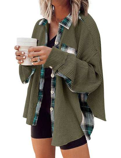 Waffle Plaid Splicing Lapel Button Down Shirts