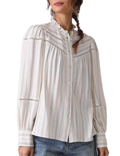 Simple Striped Long Sleeve Ruffle Neck Top