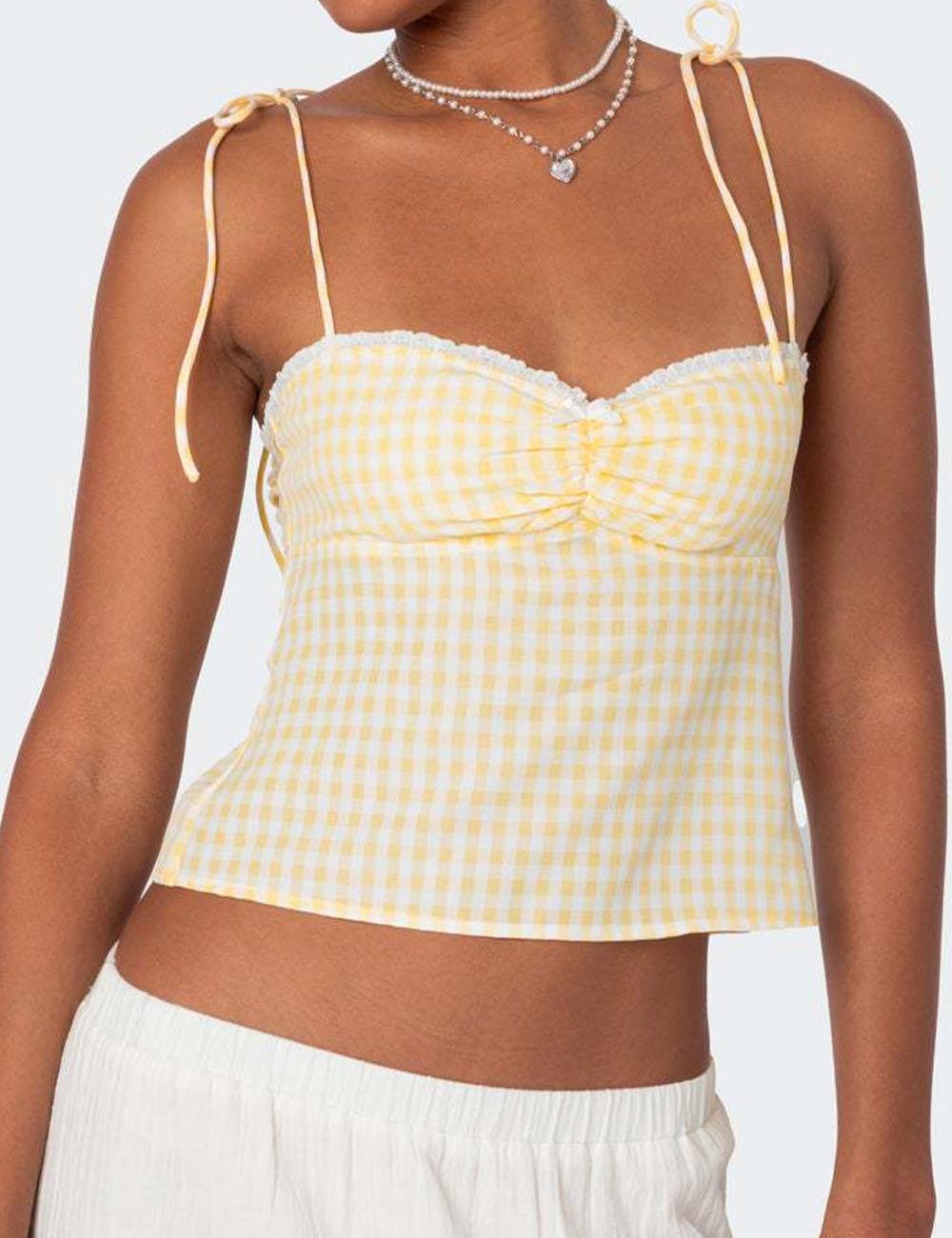 Sweet Plaid Lace Trim Spaghetti Strap Top