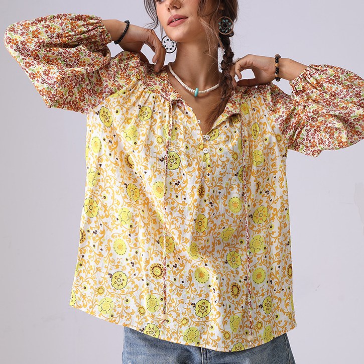 Vintage Floral Print Button Loose Top
