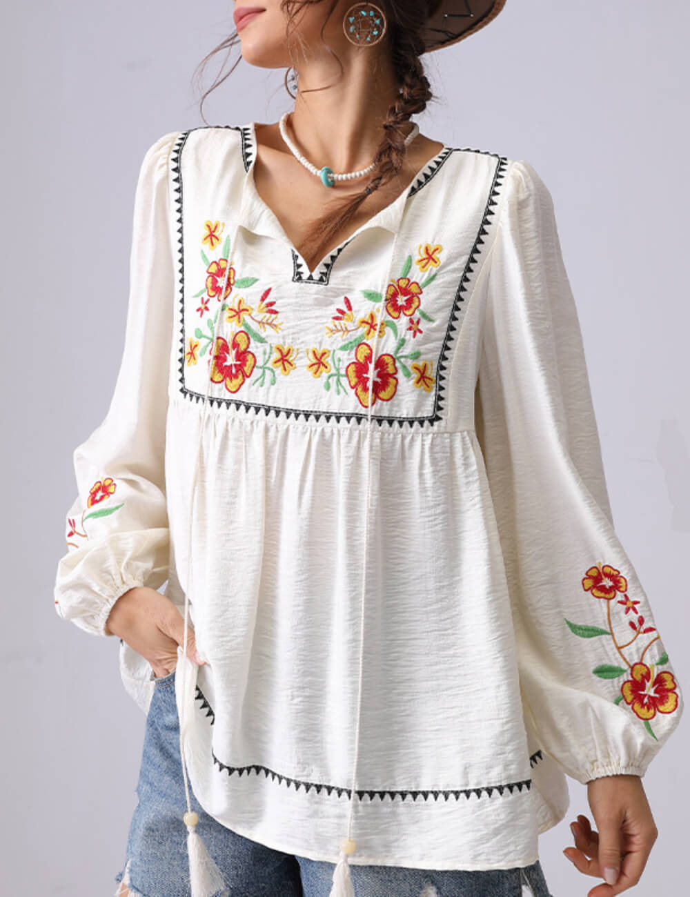 Floral Embroidered V-Neck Tie-Front Blouse