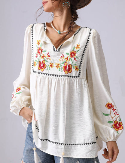 Floral Embroidered V-Neck Tie-Front Blouse
