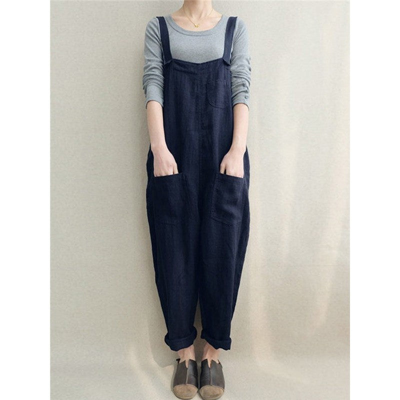 Breathable Pocket Solid Color Baggy Overalls