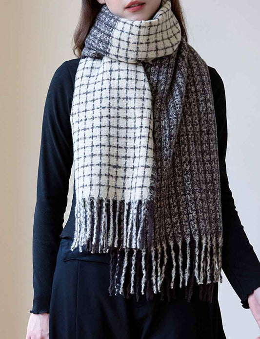 Soft Wool Blend Checkered Fringe Scarf